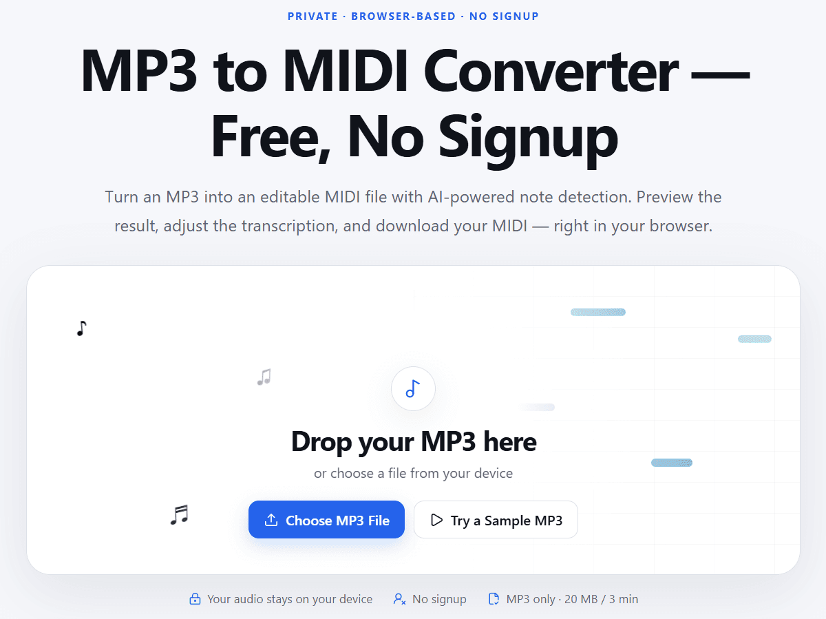 MP3 to MIDI upload area for Charlie's Inferno MIDI conversion