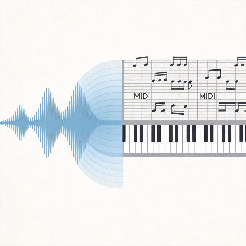Sound to MIDI converter turning an audio waveform into editable piano roll notes